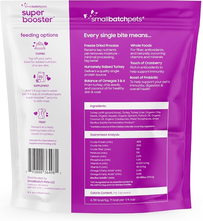 smallbatch Freeze Dried Dog Treats, Superfood Food Topper Turkey Bites for Dogs & Cats, Probiotics, Organic Ingredients, High Protein, Grain Free Healthy Food Topper, Made in the USA, 18 oz Bag