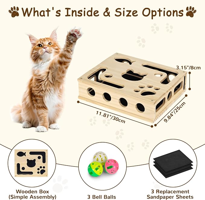 Cat Nail File Box, Interactive Wooden Cat Scratch Puzzle Toy with Sandpaper, Includes 3 Bell Balls & 3 Replacement Pads for Indoor Cats, Stress-Free Enrichment Claw Care (Regular)