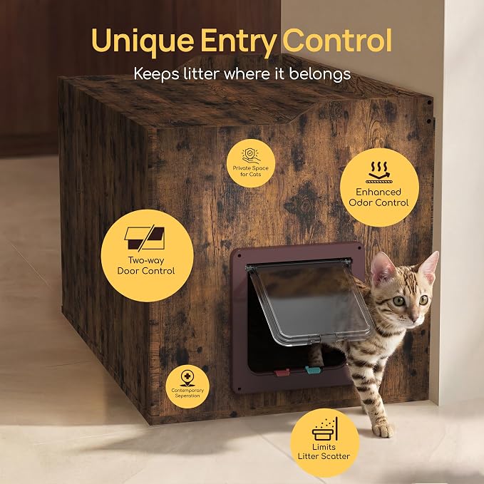 Cat Litter Box Enclosure Furniture with Cat Door, Extra Large Hidden Litter Box Cabinet for XL Boxes, 31.5" L x 19.8" W x 21.1" H, Wooden Cat Box Furniture Odor Control, Brown