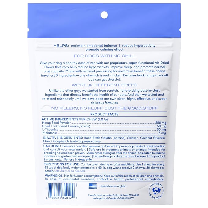 Native Pet Calming Chews for Dogs - Promotes Calming Effect, Supports Emotional Balance & Reduces Hyperactivity - Hemp Seed, Melatonin for Dogs, L-Theanine & Casein - Air-Dried 30 Chews