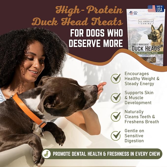 All American Canine 5 Natural Duck Head Dog Treats – Single Ingredient, Dehydrated & Digestible – Low-Fat, High-Protein Chew for Training & Dental Health – Made in USA