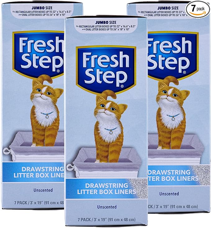 Fresh Step Jumbo Drawstring Cat Litter Box Liners Unscented Heavy Duty Kitty Litter Bags for X-Large Oval or Rectangle Pans Helps Contain Mess Easy Lift Out Cleanup 36 x 19 IN 7 Count 3 Pack