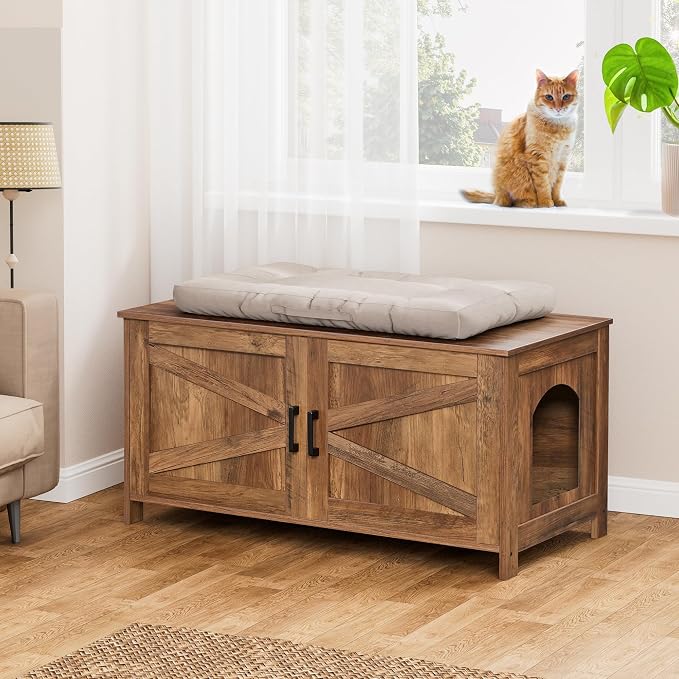 Homhedy 39.4" L Cat Litter Box Enclosure, Pet House with Barn Door,Wooden Cat Washroom Furniture,Fit Most of Litter Box, Rustic Walnut