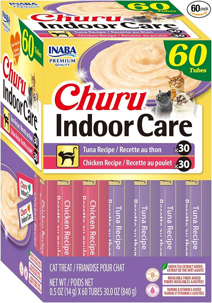 INABA Churu Indoor Care for Hairball Control, Functional Lickable Cat Treat with Taurine & Green Tea Extract, 0.5oz Each, 60 Tubes Total, Tuna & Chicken Variety