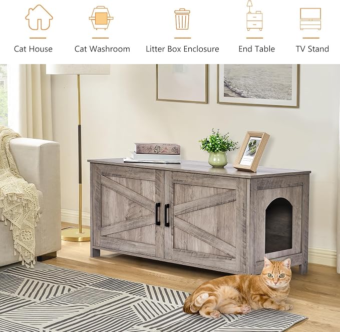 Homhedy 39.4" L Cat Litter Box Enclosure, Pet House with Barn Door, Wooden Cat Washroom Furniture, Fit Most of Litter Box, Greige