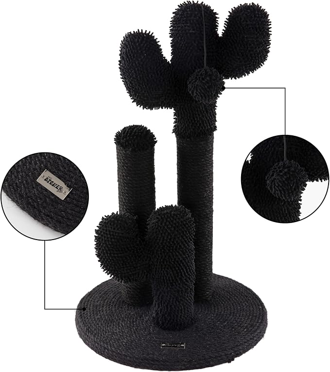 Marfa 21.5" Modern Triple Cactus Cat Scratching Post with Fuzzy Toy, Natural Jute Rope Scratcher with Weighted Non-Slip Base, Black CTR1008B