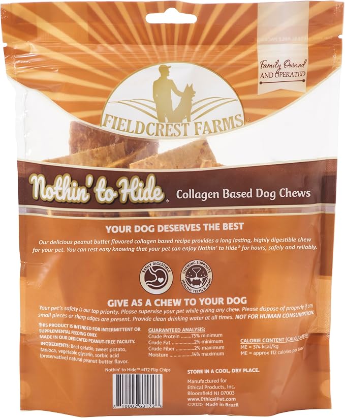 Fieldcrest Farms Nothin to Hide Flip Chips Dog Chews - Natural Rawhide Alternative Treats for Dogs, Collagen Based Snack for Moderate Chewers Up to 35lbs, Peanut Butter Flavor -1 Pack (8 Chips)