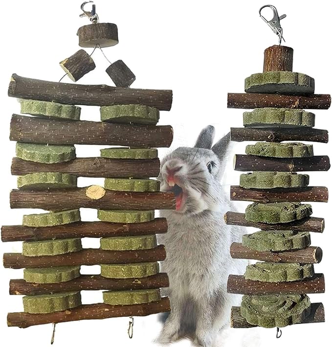 Hamiledyi Bunny Chew Toy for Teeth,Guinea Pig Natural Organic Fruitwood Sticks with Grass Cake Small Rabbit Hay Feeder with Wooden Food Feeding Manger Bunny Hay Dispenser Small Animals Grass Holder