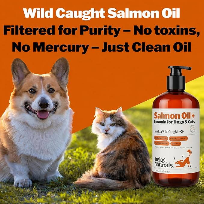 Deley Naturals Wild Alaskan Salmon Oil for Dogs & Cats - New and Improved Salmon Oil Plus Formula - Fish Oil for Dogs with Omega 3, DHA and EPA - Omega 3 for Healthy Skin and Coat - 8oz Made in USA