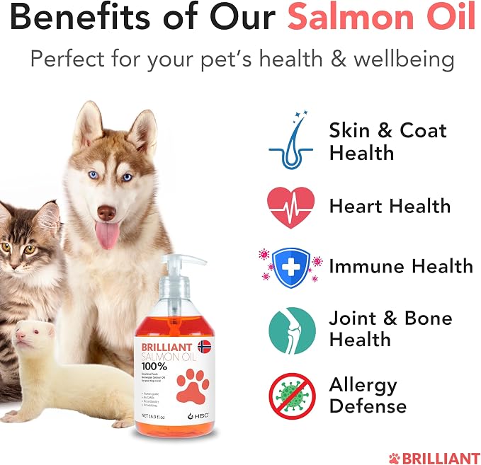 Brilliant Norwegian Salmon Oil for Dogs, Cats, Horse, Ferret - Pure Omega 3, 6 & 9 Fish Oil Food Treats Supplement for Natural Coat, Immune Support, Itchy Skin, Joint & Brain Health - 40 Oz