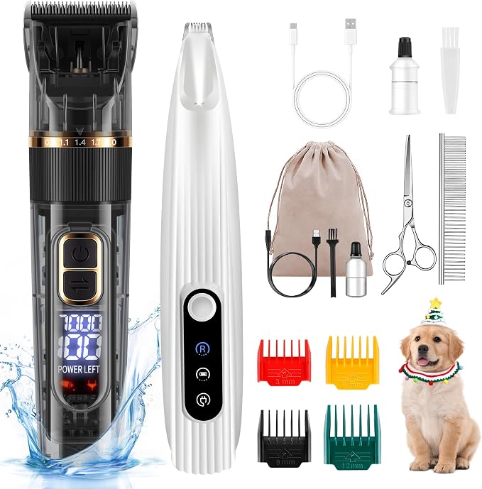 FURBONA Upgraded Dog Paw Trimmer with LED Light, Dog Grooming Kit with LED Display, Low Noise, Rechargeable, Cordless Electric Grooming Clippers for Dogs Cats Pets with All Variety of Coats