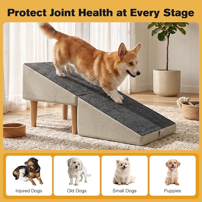 2-in-1 Folding Dog Ramp & Stairs for Small Dogs and Cats Split Ottoman for Couch/Bed, with Removable Washable Anti-Slip Mat & Cleaning Brush, Khaki