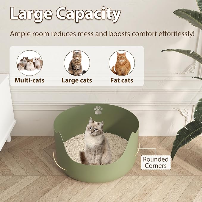 High Sides Low Entry Large Litter Pan (21.6x21.6x13.1 Inches), All-in-One Easy to Clean Plastic Litter Box for Kittens, Elderly & Large Cats, Doubles as Stylish Cat Bed, Green