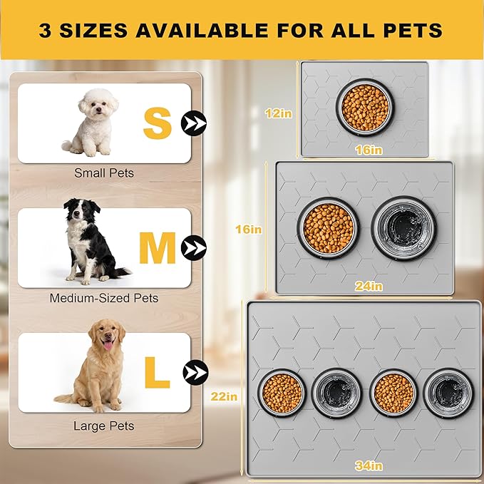 Pieviev 16''x12'' Dog Cat Food Bowl Mat, Silicone Waterproof Food Grade Pet Food Mat for Floor, High Raised Edge to Prevent Spills, Non-Slip & Easy Clean Pet Placemat for Dog & Cat Bowls, Light Gray