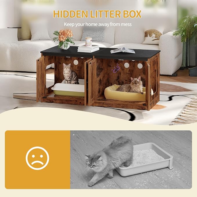 Hzuaneri Cat Litter Box Enclosure for 2 Cats, Hidden Litter Box Furniture Cabinet with Double Room, Indoor Cat House, Farmhouse Style, 46.7 x 18.9 x 21.1 Inches, Rustic Brown CB85301X