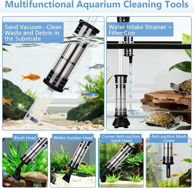 AQQA Upgraded DC 18W Electric Aquarium Vacuum Gravel Cleaner, Anti-Clog Pre-Filter Design, 7-in-1 Multifunctional Fish Tank Cleaning Kit for Dirt Removal, Water Change, Sand Washing, Turtle Shower