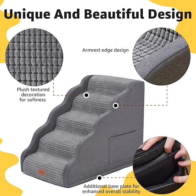 Woochpet Side Armrest Dog Stairs for High Beds Up to 26-30", 5-Step Pet Ramp with Weighted Base Plate, Washable Cover, Gentle Slope Steps, Bed & Couch Ladder for Small Medium Dogs & Senior Cat