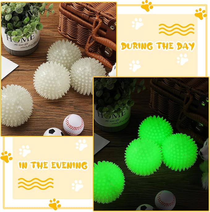 Silipull 4 Pcs 3.15 Inch Glow Dog Ball Spiky Squeaky Dog Toy Ball Glow in The Dark Rubber Interactive Elastic Puppy Fetch Chew Toys for Aggressive Chewers Small, Medium, Large Puppy Pet