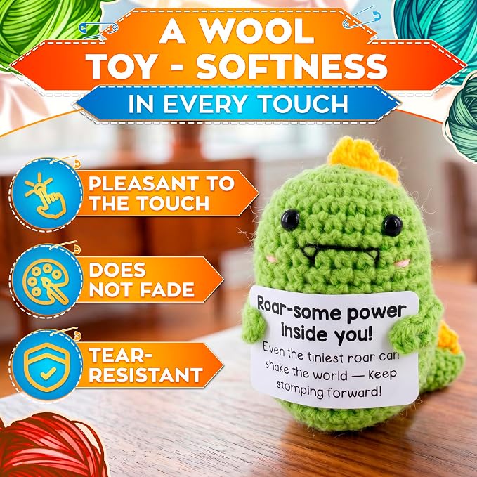 Reluen Crochet Dinosaur, Roar-Some Power Inside Handmade Mini Dinosaur Crochet Animal with Inspirational Affirmation Card, Dinosaur Desk Accessories Gift for Women Men Adults Mom Daughter Coworker