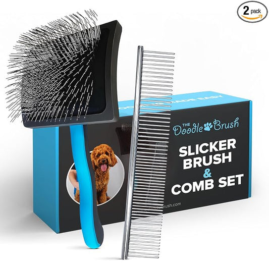 The Doodle Brush Grooming Kit, Slicker Dog Brush and Finishing Comb Set, Detangler & Dematting Grooming Tools for Dogs, Extra Long Pin Slicker & Metal Comb for Goldendoodle, Cockapoo, Cavapoo, Poodle