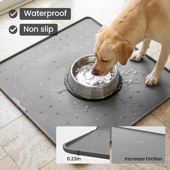 Silicone Pet Feeding Mat, 26x26 Inch Waterproof Dog Bowl Mat – Non-Slip, Machine Washable, Thin 0.28 Inch Edge for Messy Eaters, Protects Hardwood & Tile Floors, Dark Grey