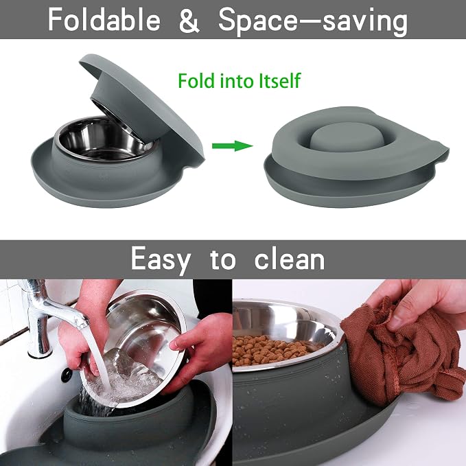 100% Waterproof BPA Free Pet Dog Bowls2 Stainless Steel（53oz+27oz） with 1.35“ Raised Edge Silicone Mat + Slow Feed Dog Water and Food Bowls for Feeding Small Large Dogs Cats Puppies (Gray)