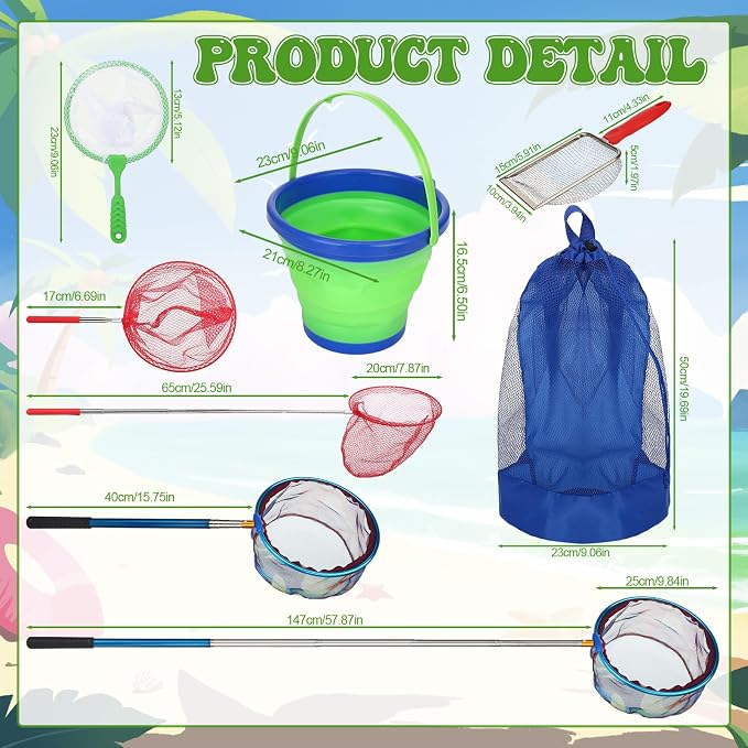 2 Pack Telescopic Kids Fishing Net with Handle, 2 Collapsible Bucket Sand Pail, Stainless Steel Foldable Fishing Net Small Fishing Butterfly Bug Net Beach Shovel with Storage Bag
