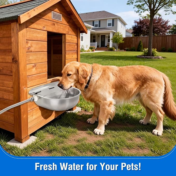 Automatic Livestock Water Bowl Float Valve Self-Filling Dog Goat Chicken | 304 Stainless Steel Animal Waterer Auto Refill, Horse Pig Cow Sheep Cat, Drainage, 3/4" GHT Hose & Mounting Bolts, Farm Ranch