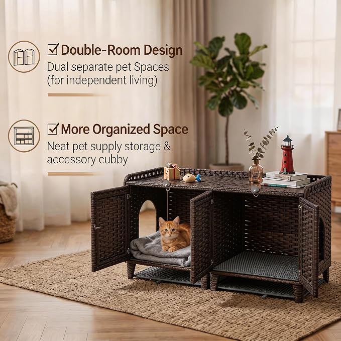 GAOMON Cat Litter Box Enclosure Furniture, Handwoven Rattan Cat Houses, Hidden Cat Washroom Furniture with Door/Mat, Large Space Cat Houses with S-Shaped Hooks, Living Room, Bedroom, Brown