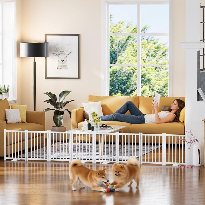 Snughome 2 Pack Short Dog Gate Indoor, 16" High Freestanding Small Dog Gates with Support Feet, Expand Up to 48’’Wide Foldable Pet Gate for Doorway, 8 Panel Pet Door Pet Fence for Puppy, White