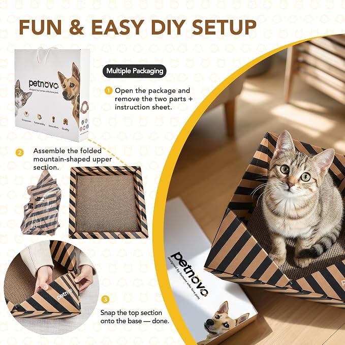 PETNOVO Foldable Cardboard Cat House Bed for Indoor Cats, Collapsible Cat Hideaway with Corrugated Scratcher Insert, Low Entry, Paper Build, 18.5 x 18.5 x 11.8 in, Black