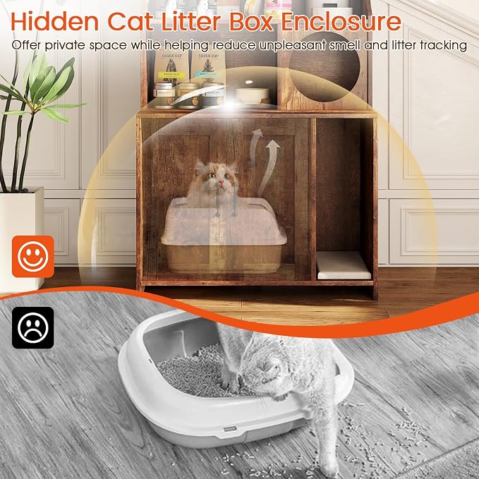 PETSITE Industrial Cat Litter Box Enclosure with Storage Shelves, 2-in-1 Wooden Hidden Litter Box Furniture with 3-Tier Open Shelf, 51-Inch Tall, Rustic Brown