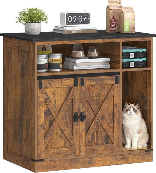 Hzuaneri Cat Litter Box Enclosure, Hidden Litter Box Furniture with Storage, Wooden Cat Cabinet with Scratch Pad, Farmhouse Cat Washroom, TV Stand End Table, Rustic Brown CB87501X