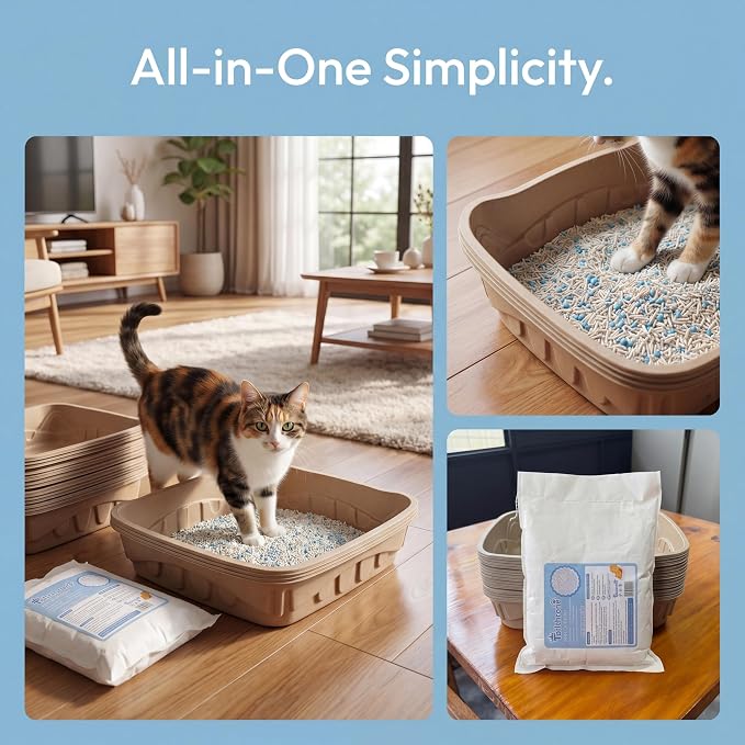 Disposable Cat Litter Boxes for Cats Large, 6 Pack Leak-Proof Disposable Litter Box Kit with 6lbs Tofu Cat Litter, 95% Bamboo Fiber, Durable for Travel, Temporary Use & Home