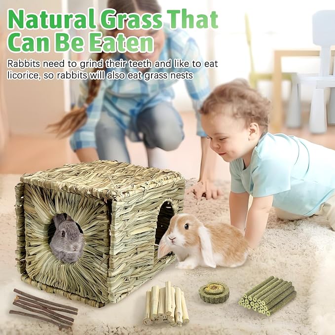Tfwadmx 2 Pack Rabbit Grass House - Natural Hand Woven Seagrass Play Hay Bed, Collapsible Hideaway Hut Toy for Bunny Hamster Guinea Pig Chinchilla Ferret