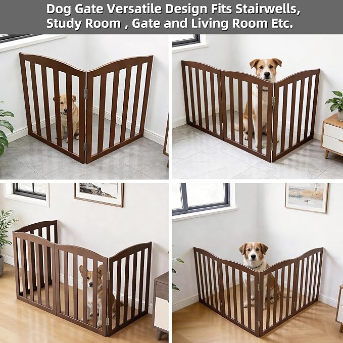 Freestanding Dog Gate Indoor,Doggie Gate Foldable Pet Gates for Doorways,Stairs or Hallways, Wooden Brown Pet Gate for the House, Pet Fence,24 "Height-2 Panels