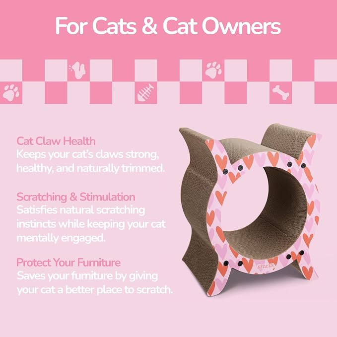 Nyan 16.5" Modern Cardboard Tunnel Cat Scratcher House with Catnip, Corrugated Indoor Cat Hideaway Den, Heart Pattern Scratching Surface for All Cats CSR1007C