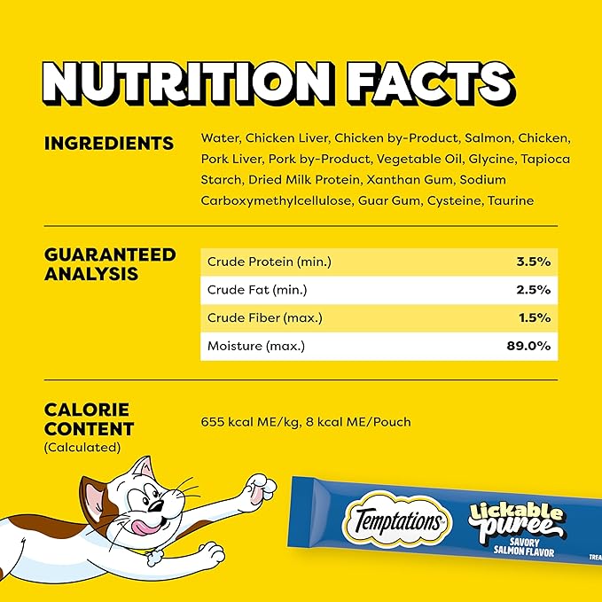 Temptations Creamy Puree Squeezable Lickable Cat Treats, Wet Cat Treats with Salmon, 0.42 oz. Tubes, 16 Count