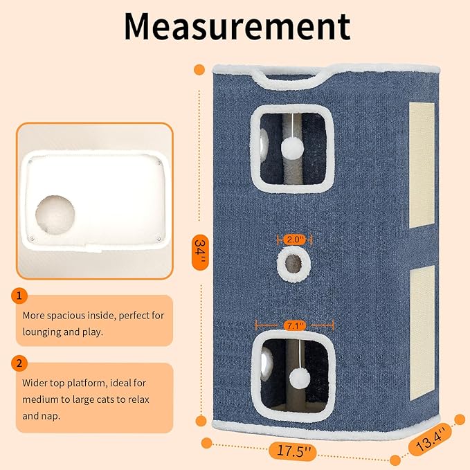 Cat House, Cat Beds for Indoor Cats, 3-Story Cat Condo Cube with Scratch Pad and Fluffy Ball Hanging, Multi-Level Cozy Hideout Center Ideal for Small/Medium Cats