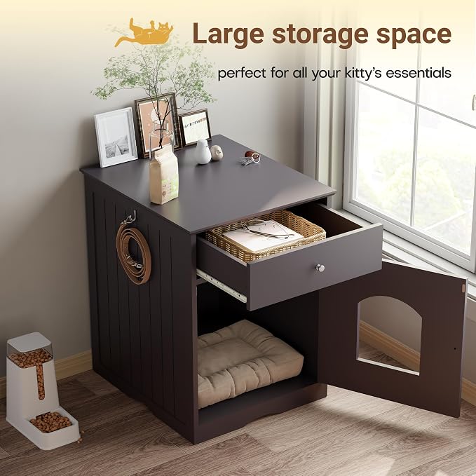 Litter Box Enclosure, Hidden Cat Litter Box Cabinet with Drawer, Wooden Pet Crate, Litter Box Furniture as Cat House, End Table, Fit Most of Litter Box (Brown)