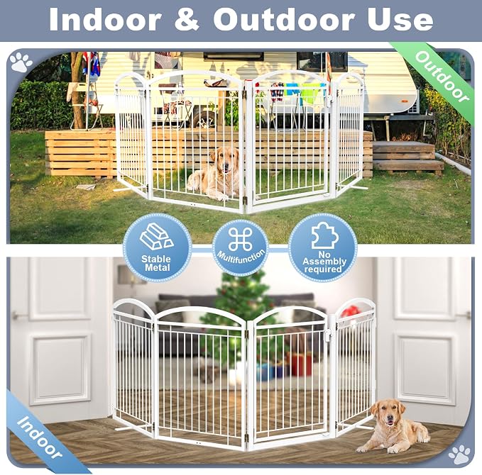 Full Metal Free Standing Dog Gate with Door for Outdoor Indoor,96'' Extra Wide 32'' Tall Dog Gates for Doorways,Large Openings,Decks,Porch,Freestanding Portable Pet Fence(4 Panels,White)
