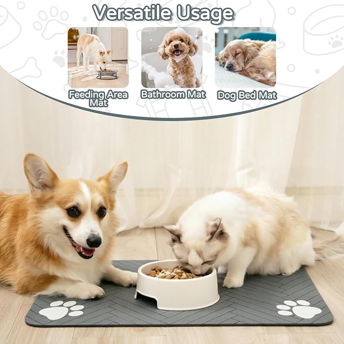 Pet Feeding Mat-Absorbent Dog Feeding Mat for Food and Water Bowl,No Stains Pet Placemat,Quick Drying Water Dispenser Mat for Dog and Cat,Easy to Clean Dog Accessories(S,Black Gray Paw)