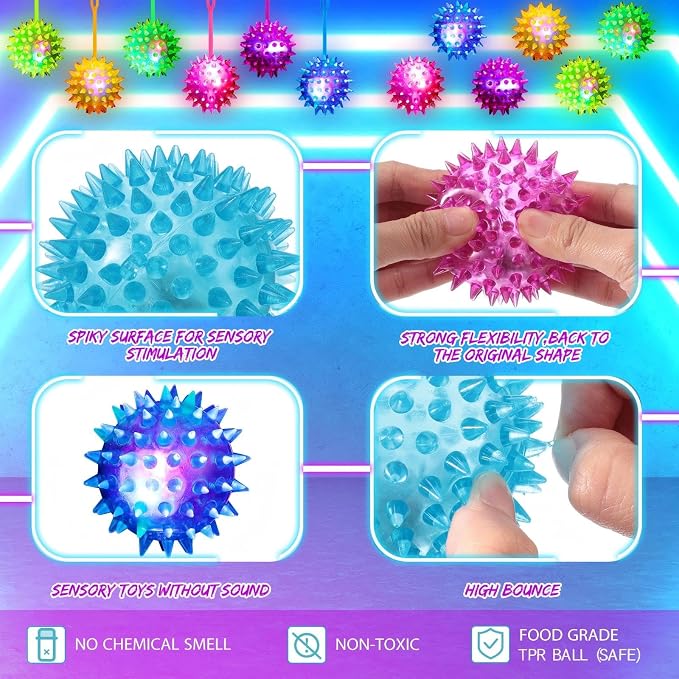 Leitee 36 Pieces Bouncy Balls Party Favor for Kid Light up LED Ball Bulk Glow in The Dark LED Flashing Light Spiky Toy on Rope Sensory Stress Relief Fidget Toy Rubber for Teen Adult Student