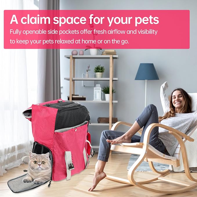 Cat Dog Backpack Carrier for Hiking Travel Portable Pet Daypack for Dog Cat Below 7kg/15.5lbs -Peach Red