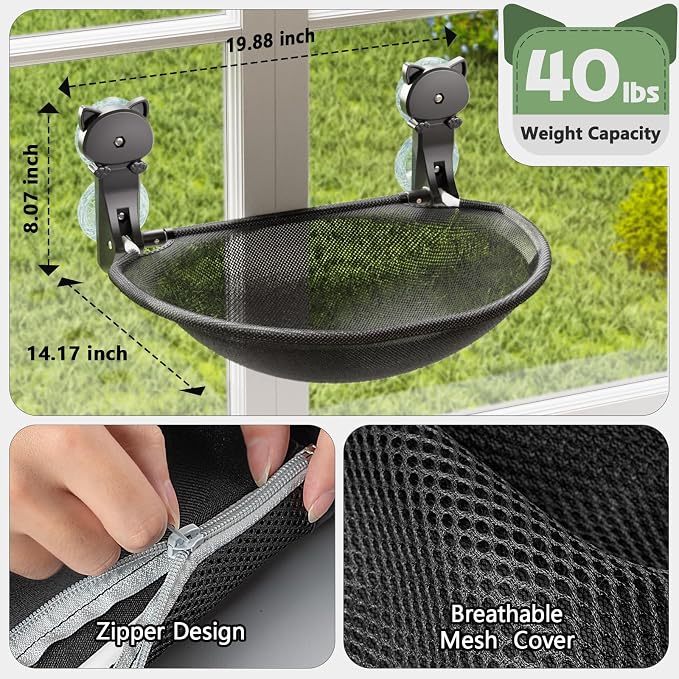 JUNSPOW Cat Window Perch Cordless, Foldable & Stable Cat Beds- Breathable Cat Window Hammock for Overlooking, Sunbathing and Climbing - Maximum Hold Up to 40lb
