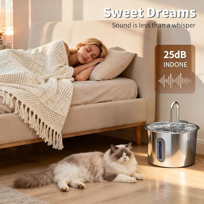 Stainless Steel Cat Fountain - 2.2L/74oz Ultra-Quiet Drinking Automatic Pet Water Fountain with Replacement Filters Cat Water Fountain with LED Window for Cats and Small Dogs