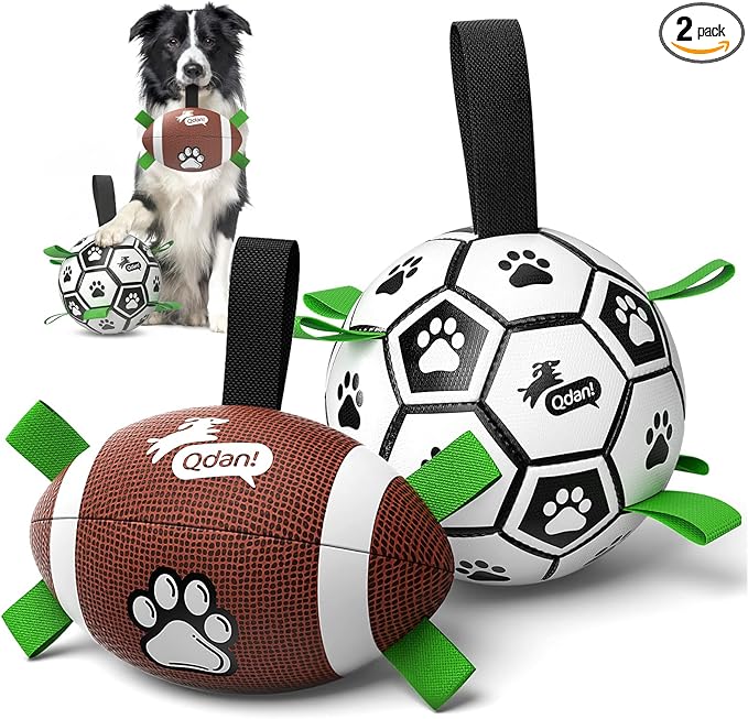 QDAN Dog Soccer Ball Football Set - 2 PCS Dog Balls with Strap for Tug of War, Soccer Ball Football Toys for Small Medium Large Dogs, Herding Ball for Dogs, Dog Birthday Toy