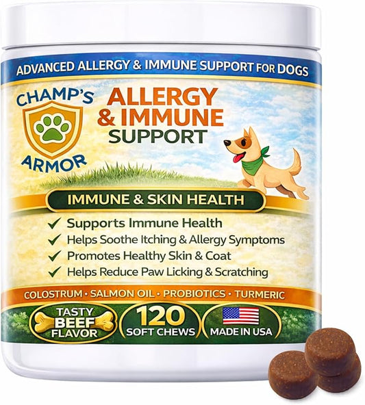 Allergy Relief for Dogs - Dog Itchy Skin & Dog Skin Allergies Treatment Chews with Natural Antihistamine, Colostrum, Salmon Oil, Probiotics for Seasonal Allergies Dogs - 120 Beef Flavor Soft Chews