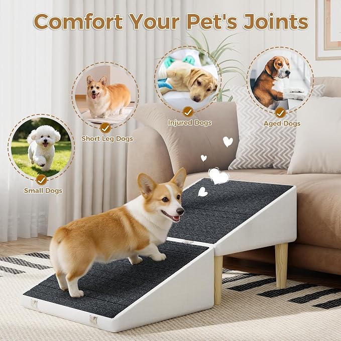 3-in-1 Dog Ramp Pet Stairs 18.9"x17.72"x19.29" with Hidden Storage Ottoman, Anti-Slip Steps for Small, Medium, Large, Senior & Injured Pets, 220LBS for Bed & Sofa, Beige