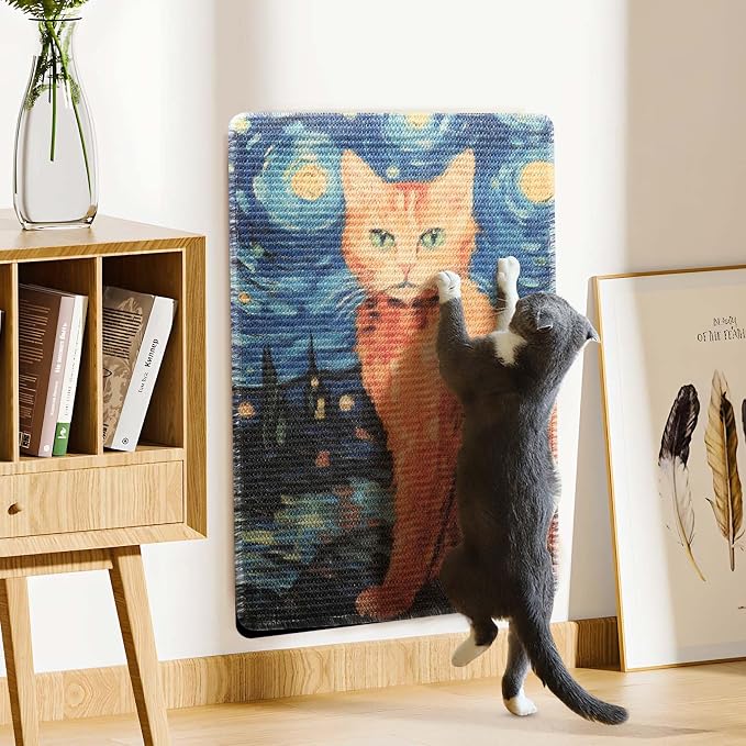 3-in-1 Sisal Cat Scratch Mat 23.6x15.7'' Floor & Wall Cat Scratcher Pad, Protects Carpet Couch & Furniture with Sticker Tape, Anti-Slip, Durable for Indoor Outdoor Cats (Ginger Cat Under The Stars)